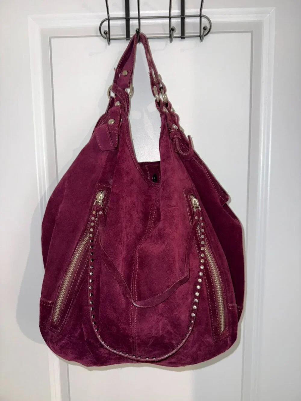 Via Repubblica Large Burgundy Suede Hobo Bag Studded Zip Pocket Shoulder Purse
